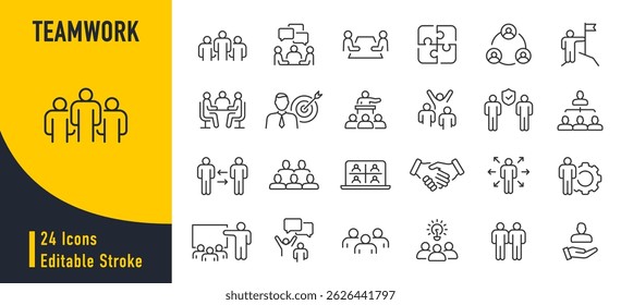   Teamwork icon in line style. Team, business people, human resources, collaboration, research, meeting, partnership, support, businessman. Collection. Vector illustration.