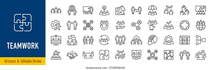 Teamwork-Symbol im Linienstil. Team, Geschäftsleute, Humanressourcen, Zusammenarbeit, Forschung, Treffen, Partnerschaft, Unterstützung, Geschäftsmann. Bearbeitbarer Strich. Vektorgrafik.
