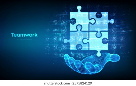 Teamwork icon made with currency symbols in hand. Business Partnership. Global financial cooperation. Puzzle Team elements. Dollar, euro, yen and pound icons. Background with currency signs. Vector.