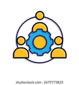 Icono de trabajo en equipo. Gestión. Tres siluetas de personas reunidas con un engranaje en el medio. Equipo, análisis de crecimiento. Estilo de diseño isométrico.