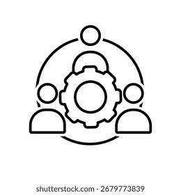 Icono de trabajo en equipo. Gestión. Tres siluetas de personas reunidas con un engranaje en el medio. Equipo, análisis de crecimiento. Estilo de diseño de contorno.