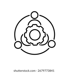 Ícone Trabalho em equipe. Gestão. Três silhuetas de pessoas se juntaram em um círculo com uma engrenagem no meio. Equipe, análise de crescimento. Estilo de design da estrutura de tópicos.