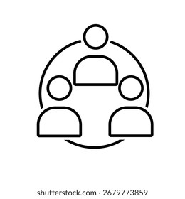 Icono de trabajo en equipo. Gestión. Tres siluetas de personas reunidas en un círculo. Equipo, análisis de crecimiento. Estilo de diseño de esquema