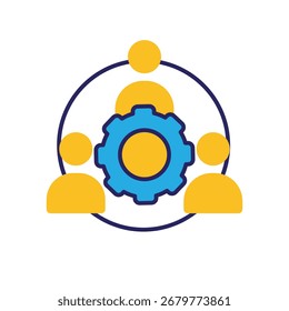 Ícone Trabalho em equipe. Gestão. Três silhuetas de pessoas se juntando com uma engrenagem no meio. Equipe, análise de crescimento. Estilo de design plano.
