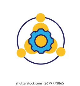 Icono de trabajo en equipo. Gestión. Tres siluetas de personas reunidas en un círculo con un engranaje en el medio. Equipo, análisis de crecimiento. Estilo de diseño plano.