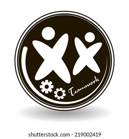 Teamwork icon on black and white design with two silhouettes of person and gears stamp