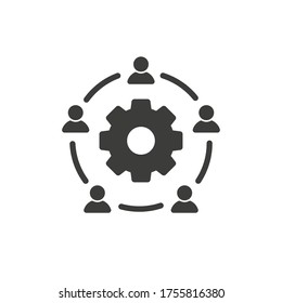 Teamwork icon with people and gear symbols.