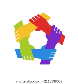 Teamwork icon. People holding hands and supporting each other expressing the feeling of friendship and togetherness. Community concept.