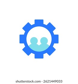 Ícone de trabalho em equipe representando colaboração e sucesso de negócios com duas figuras embelezadas dentro de uma engrenagem simbolizando unidade e desenvolvimento em um ambiente profissional