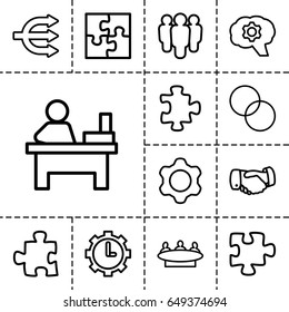 Teamwork icon. set of 13 outline teamworkicons such as puzzle, handshake, group, table, circle intersection, clock in gear, gear