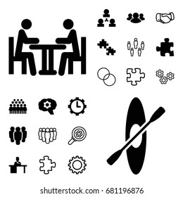 Teamwork icon. set of 20 teamwork filled and outline icons such as group, man working at the table, meeting, clock in gear, rowing, gear, puzzle, handshake