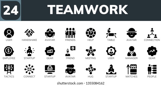 teamwork icon set. 24 filled teamwork icons.  Collection Of - User, Handshake, Avatar, Friends, Help, Table, Connection, Employee, Startup, Gear, Friend, Meeting, Manager, Tactics