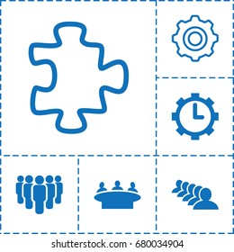 Teamwork icon. set of 6 teamwork filled and outline icons such as group, clock in gear, puzzle