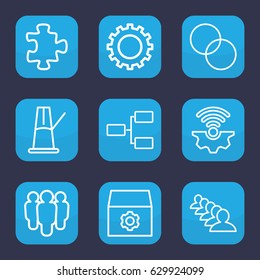 Teamwork icon. set of 9 outline teamwork icons such as gear, puzzle, group, circle intersection, structure, pendulum