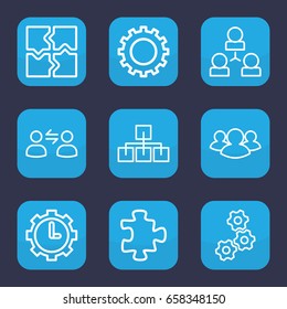 Teamwork icon. set of 9 outline teamwork icons such as gear, puzzle, group, clock in gear, user communicatrion