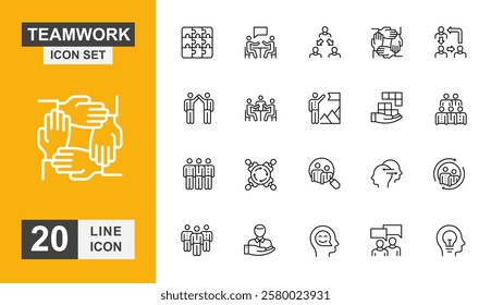Teamwork icon set. Agreement, community, cooperation, success, people and more line icon.