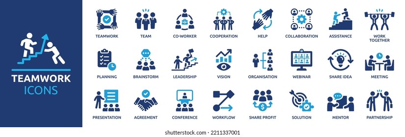 Teamwork icon set. Business team working together symbol. Co-worker, cooperation and collaboration icons. Solid icons vector collection.