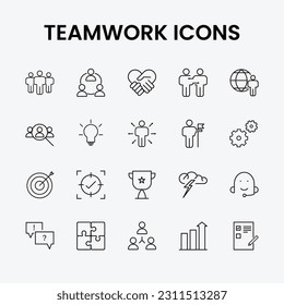 Teamwork icon set. Business teamwork, team building, work group and human resources minimal thin line web icon set. Simple vector illustration.