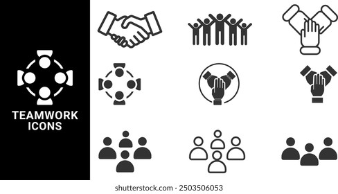 Conjunto de iconos de trabajo en equipo. Trabajo en equipo del negocio, edificio del equipo, conjunto del icono del Web del grupo de trabajo. Colección de iconos de contorno. Ilustración vectorial