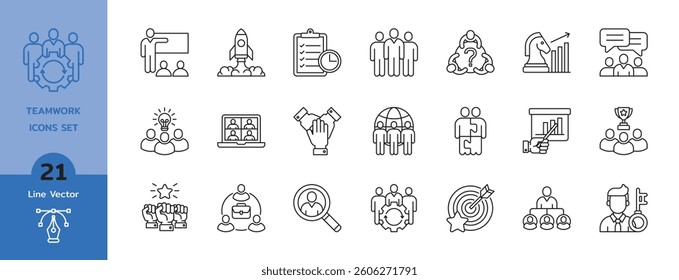 Teamwork icon set. Business teamwork, team building, work group and human resources minimal thin line icon set. Simple vector illustration.