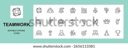 Teamwork icon set. Business team working together symbol. teamwork, management, business, group, people, collaboration, leadership, Co-worker, collaboration. Editable stroke. Vector illustration
