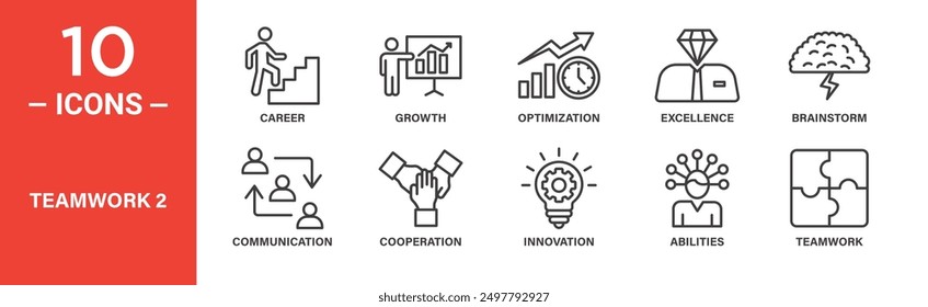 Teamwork, icon set. Career, growth, optimization, excellence, brainstorm, icons. Outlined icon collection. Vector illustration.