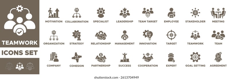 Teamwork icon set. teamwork, collaboration, leadership, relationship, strategy, company, success, partnership, agreement, goal setting, team, management and more. Vector illustration. easy Editable.