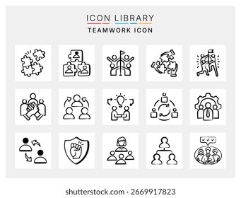 Conjunto de iconos de trabajo en equipo con colaboración, asociación y liderazgo