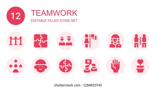 teamwork icon set. Collection of 12 filled teamwork icons included Line, Puzzle, Friends, Leadership, Customer, Influencer, Avatar, Hand, Friendship, Charity