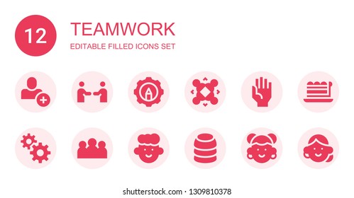 teamwork icon set. Collection of 12 filled teamwork icons included Add user, Friendship, Resources, Team, Hand, Management, Group, Avatar, Training, Piece