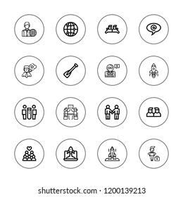 Teamwork icon set. collection of 16 outline teamwork icons with arroba, businessman, connect, deal, friends, employee, group, meeting, rowing, teamwork icons.