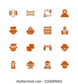 teamwork icon set. Collection of 16 filled teamwork icons included Avatar, Customer, Man, Businesswoman, Relationship, Puzzle, Businessman, Team, Employee, Friendship, Cradle