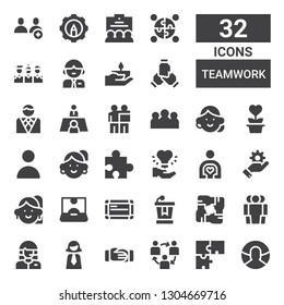 teamwork icon set. Collection of 32 filled teamwork icons included User, Puzzle, Teamwork, Handshake, Businesswoman, Customer, Cooperation, Unity, Conference, Whiteboard, Influencer