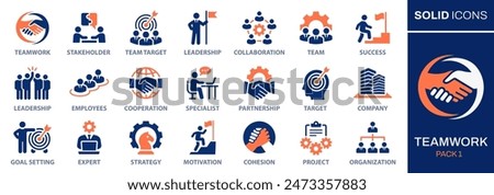 Teamwork icon set. Collection of cooperation, team target, leadership, collaboration and more. Vector illustration. Easily changes to any color.