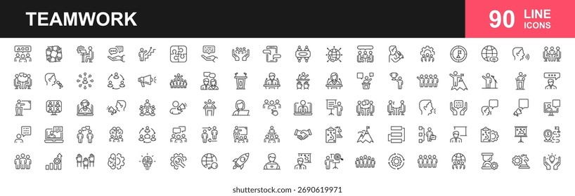 Conjunto de iconos de trabajo en equipo. Colección de íconos de línea relacionados con el trabajo en equipo, la gestión, los negocios, la colaboración, la colaboración, la cooperación. Trazo editable. Equipo de negocios trabajando juntos símbolo. Vector