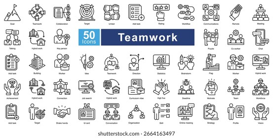 Conjunto de ícones do trabalho em equipe contendo 50 ícones incluindo, meta, trabalho em equipe, colaboração, destino, unidos, adicionar tarefa, classificação, fluxo de trabalho, comunicações, remoto, reunião, conversação, trabalho híbrido, vetores simples.