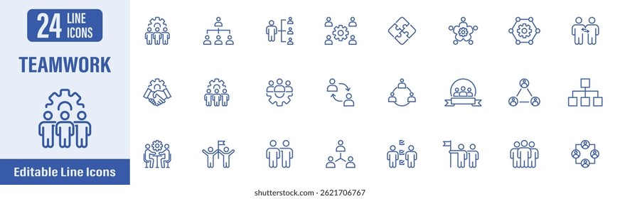 Teamwork icon set. Contains icons as business teamwork, partnership, work group, human resources, team, meeting, collaboration and more. Vector illustration.