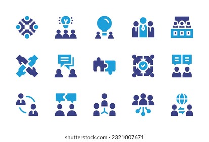 Teamwork icon set. Duotone color. Vector illustration. Containing team, teamwork, idea, collaboration, discussion, puzzle, chat, third party, society, global network.