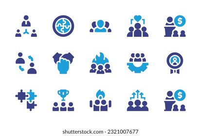Juego de iconos de trabajo en equipo. Color de duotona. Ilustración vectorial. Conteniendo equipo, rompecabezas, trabajo en equipo, reunión, interacción, manos, motivación, trabajo, ganador, éxito, beneficios.