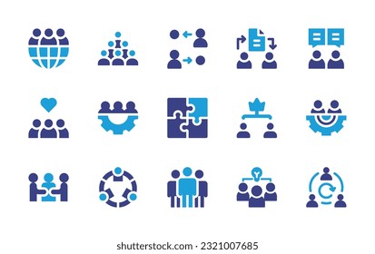 Teamwork icon set. Duotone color. Vector illustration. Containing outsource, crowd, distribution, file sharing, chat, inspiration, work, puzzle, leadership, teamwork, intermediary, team, agile team.