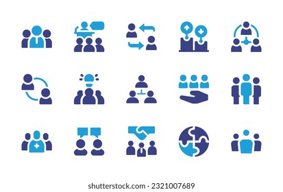 Teamwork icon set. Duotone color. Vector illustration. Containing teamwork, speech, network, efficiency, third party, team, medical team, interview, intermediary, puzzle. 