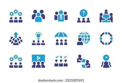 Teamwork icon set. Duotone color. Vector illustration. Containing team management, group, leader, question, third party, improvement, brainstorm, protection, world, unity, video, employee, teamwork.