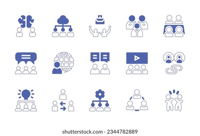 Teamwork icon set. Duotone style line stroke and bold. Vector illustration. Containing brainstorm, teamwork, meeting, discuss, world, chat, link, understand, mediator.