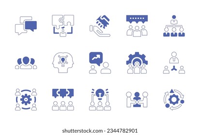 Juego de iconos de trabajo en equipo. Curso de línea de estilo duotónico y negrita. Ilustración vectorial. Conteniendo discusión, intermediario, colaboración, trabajo en equipo, trabajo en equipo, coworking, discusión, taller, solución, idea, adaptación.
