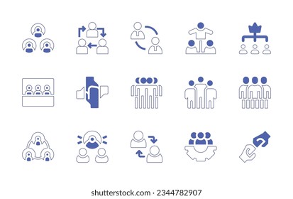 Juego de iconos de trabajo en equipo. Curso de línea de estilo duotónico y negrita. Ilustración vectorial. Conteniendo equipo, intermediario, gerencia, pax, sala, trabajo en equipo, unión, grupo, reunión, segmentación, esfuerzo.