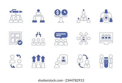 Teamwork icon set. Duotone style line stroke and bold. Vector illustration. Containing operation, management, budget, user, team, work, solution, brainstorming, chat, teamwork, employee, growth.