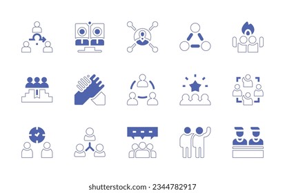Juego de iconos de trabajo en equipo. Curso de línea de estilo duotónico y negrita. Ilustración vectorial. Conteniendo ágiles, trabajo en equipo, éxito, objetivos, hermandad, personas, equipo, tiempo, gestión.