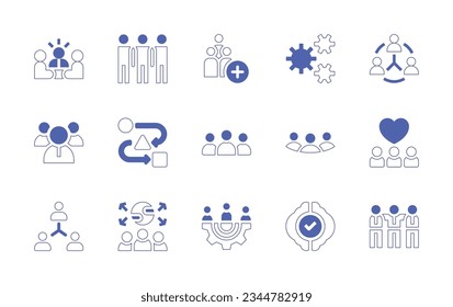 Juego de iconos de trabajo en equipo. Curso de línea de estilo duotónico y negrita. Ilustración vectorial. Con liderazgo, grupo, engranajes, equipo, dependencia, comunidad, tercerización, productividad, lluvia de ideas.