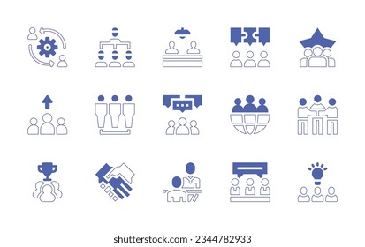 Juego de iconos de trabajo en equipo. Curso de línea de estilo duotónico y negrita. Ilustración vectorial. Con integración, jerarquía, coworker, unidad, trabajo en equipo, personal, equipo, mundo, mediador, ganadores, colaboración.