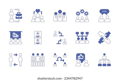 Teamwork icon set. Duotone style line stroke and bold. Vector illustration. Containing suitcase, teamwork, team, management, internal, teleworking, network, shift, intermediary, agile, praise, hrm.